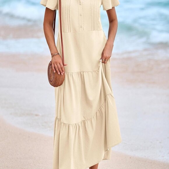 Summer Maxi Dresses for Women 2025 Spring Fashion Short Sleeve Button V Neck Ple - Picture 6 of 8